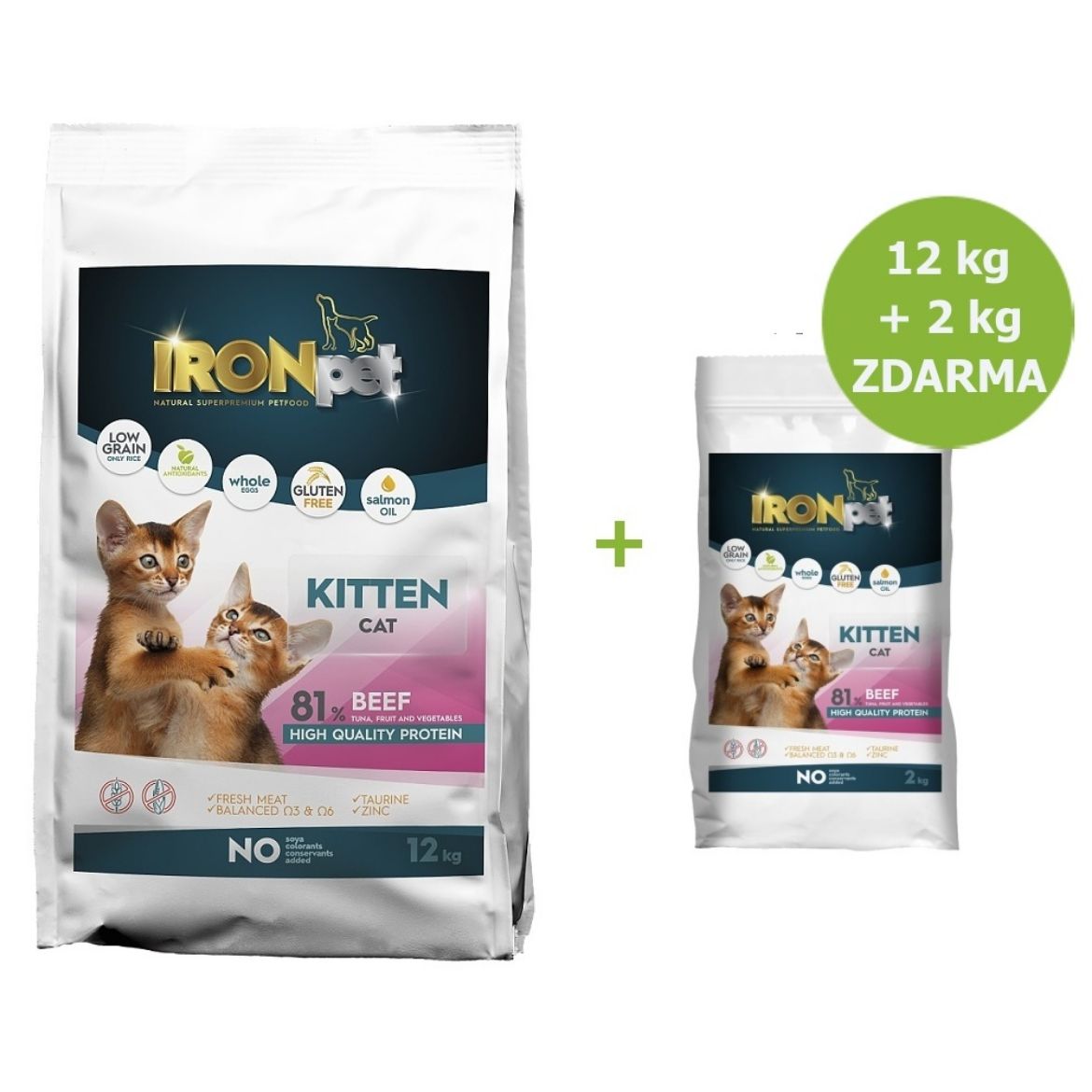 kotě,březí,kojící kočky, IRONpet, Cat Kitten, akce, beef, hovězí, bez lepku, bez soji, bez kuřecího, akce, 12kg, zdarma