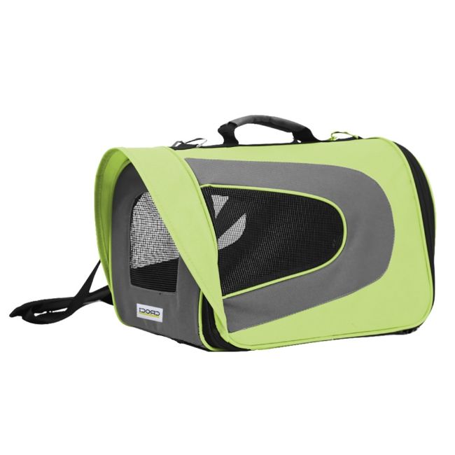 zelená látková přepravka pro psy vhodná pro letní měsíce díky větracím síťkám