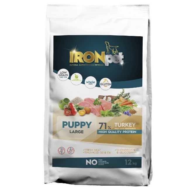Krmivo pro štěňata, štěně velkých a obřích plemen, granule, krocan, krůtí, bez lepku, bez kuřecího masa, IRONpet turkey,  balení 12kg, puppy large