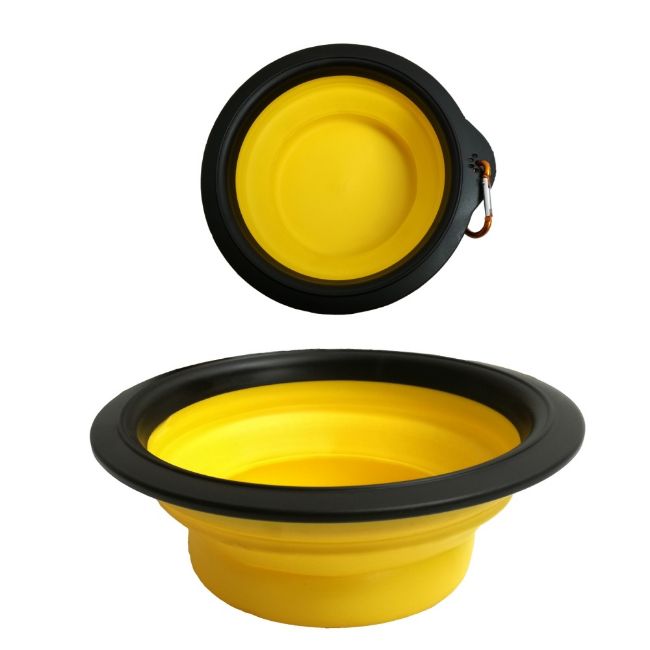 cestovní silikonová skládací miska pro psa, s karabinou, žlutá