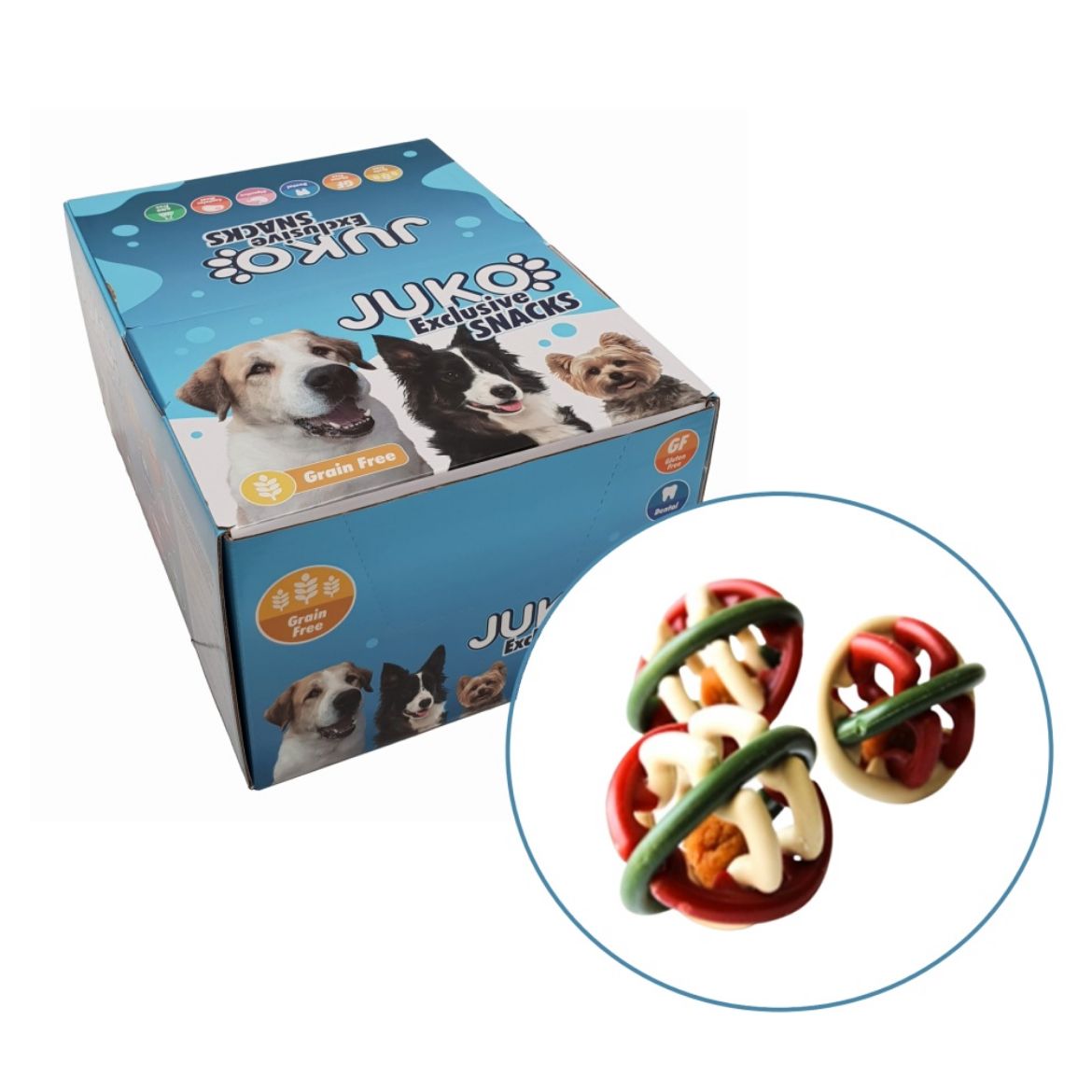 Obrázek z Chrastítko míč plněný masem JUKO Snacks 1,5 kg (cca 25 ks) Expirace 4/26 