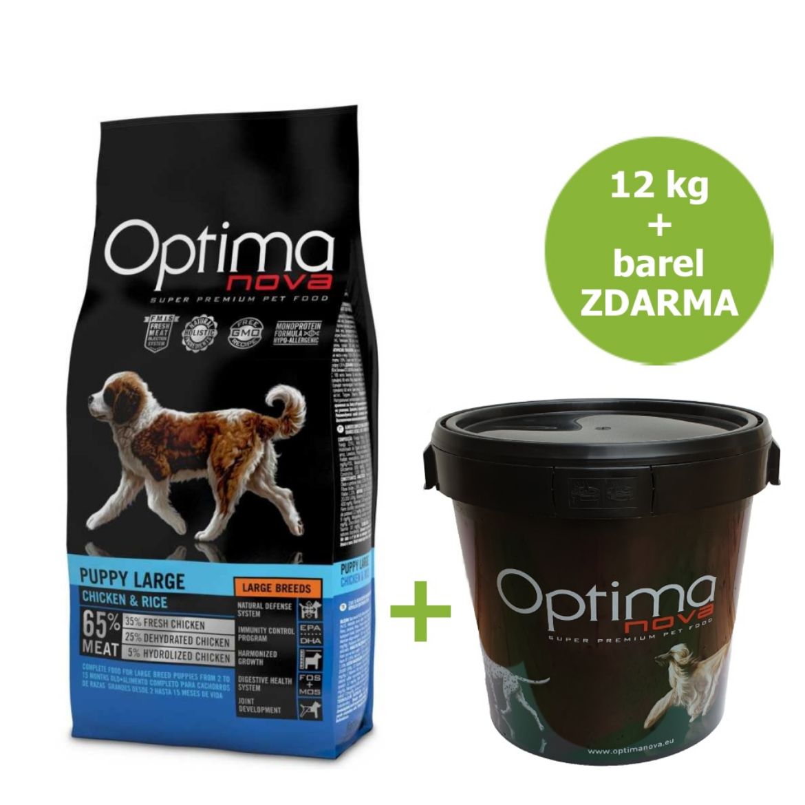 Obrázek z OPTIMAnova Dog Puppy Large Chicken & Rice 12 kg + Barel ZDARMA 