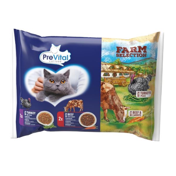 Obrázek Prevital kočka Farm Selection hovězí a krůtí v omáčce se zeleninou, kapsa 85 g (4 pack) 