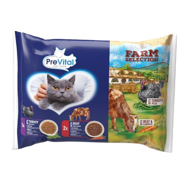 Prevital kapsička Farm Selection pro dospělé kočky s hovězím a krůtím v omáčce, 4 pack, kompletní mokré krmivo, 