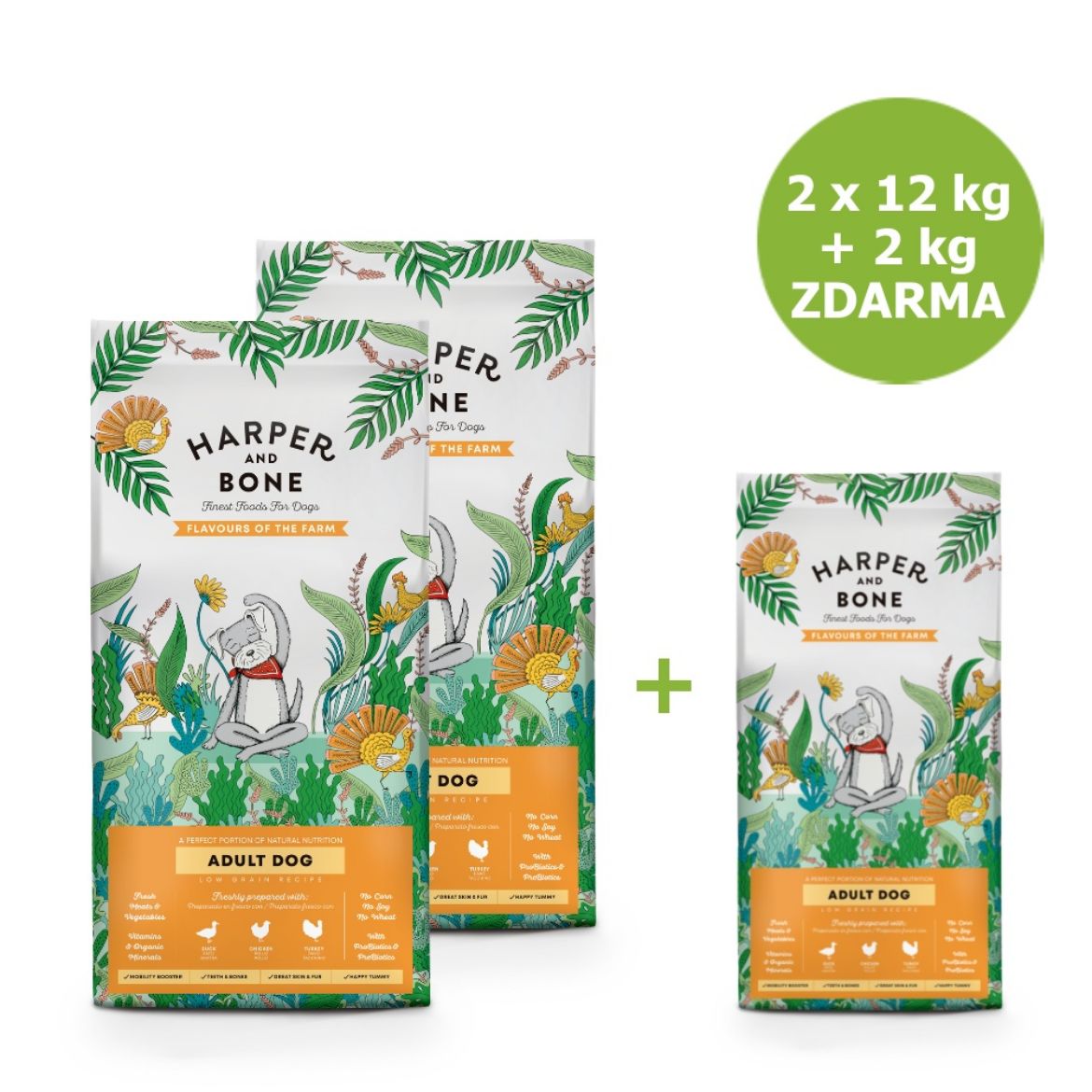 Obrázek z Harper and Bone Dog Adult Large & Medium příchutě farmy AKCE 2 x 12 kg + 2 kg ZDARMA 