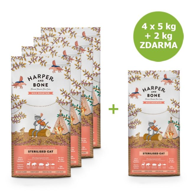 Harper and Bone Cat Sterilised divoké hory 5 kg, superprémiové krmivo pro dospělé kastrované kočky se zvěřinou, divočákem, vepřovým, králíkem a lososem