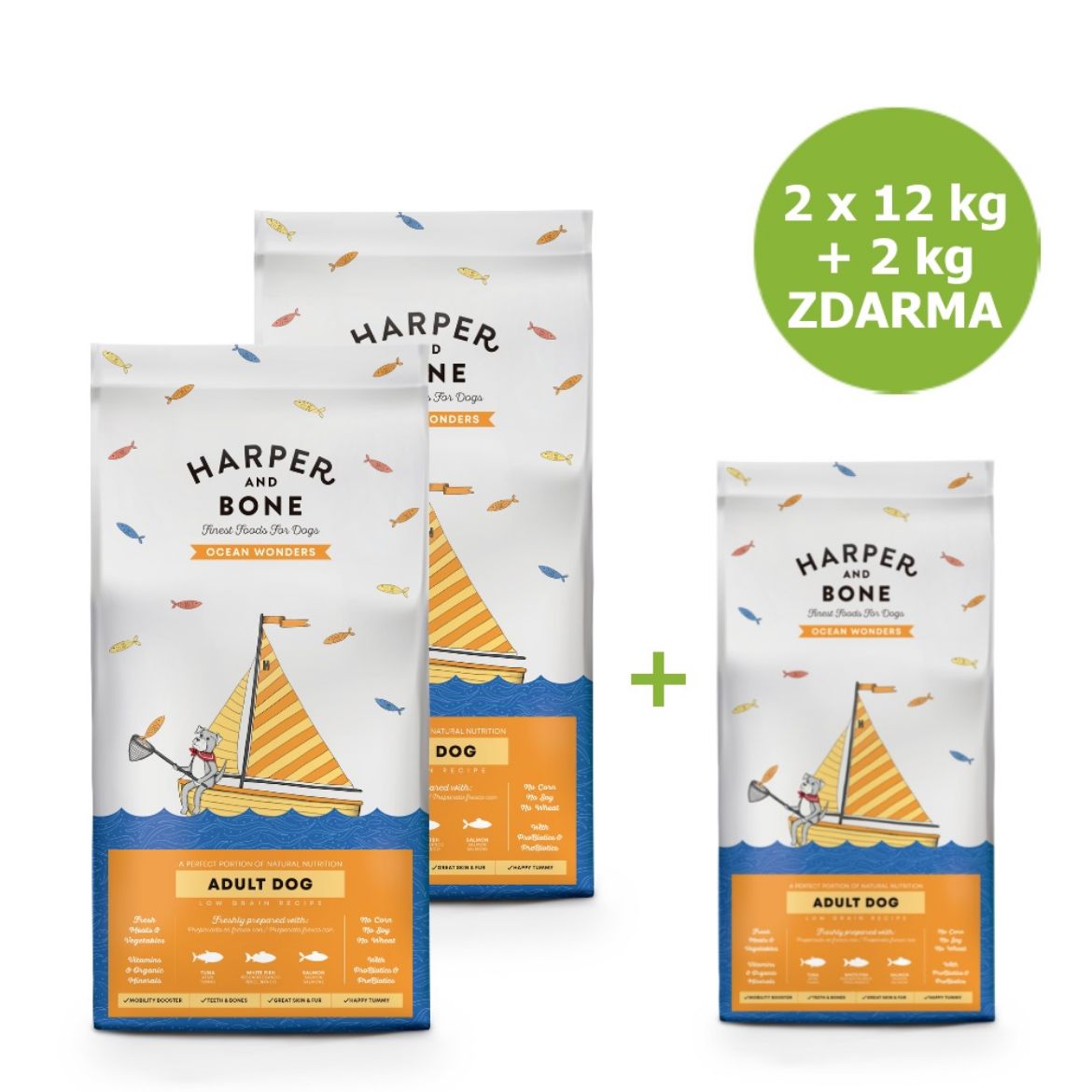 Obrázek z Harper and Bone Dog Adult Large & Medium divy oceánu AKCE 2 x 12 kg + 2 kg ZDARMA 