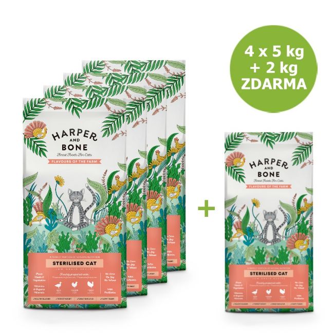 Harper and Bone Cat Sterilised příchutě farmy 5 kg, superprémiové krmivo pro dospělé kastrované kočky s kachnou kuřetem a krůtou