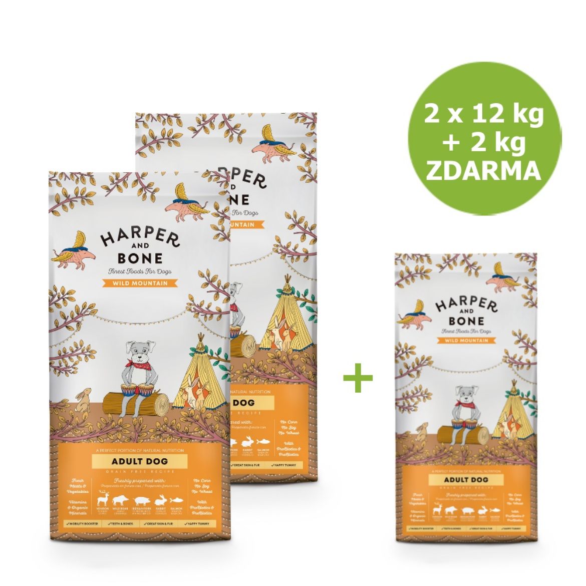 Obrázek z Harper and Bone Dog Adult Large & Medium divoké hory AKCE 2 x 12 kg + 2 kg ZDARMA 