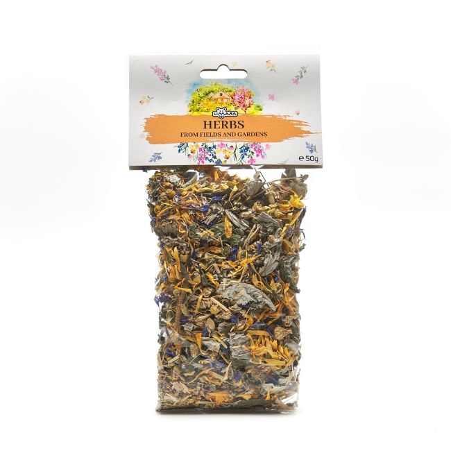 Bylinná směs pro králíky a drobné hlodavce obsahující bylinky z prostředí polí a zahrad