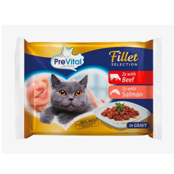 Obrázek PreVital Fillet kočka hovězí a losos, kapsa 85 g (4 pack) 