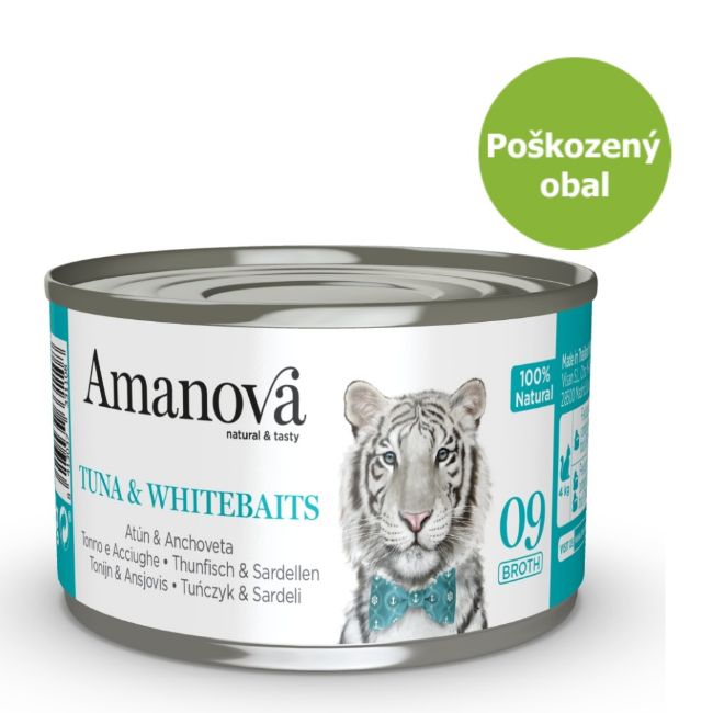 Amanova cat tuna & whitebaits, tuňák and whitebaits ve vývaru, doplňkové krmivo pro kočky, superprémiové, bezlepkové