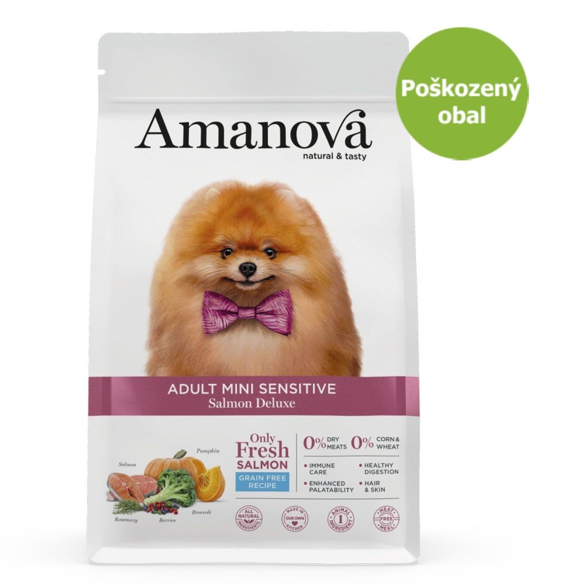 superprémiové krmivo pro dospělé psy malých plemen s citlivou kůží, Amanova dog adult sensitive salmon deluxe, s lososem a dýní, salmon and pumpkin, hypoalergenní, bezlepkové, 100 % přírodní