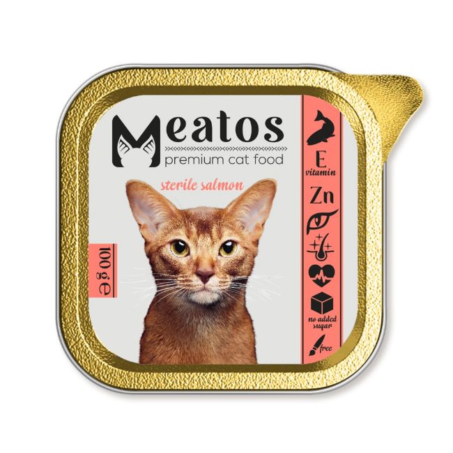 Meatos, prémiové krmivo pro kastrované kočky, vanička, ,sterilised cat salmon