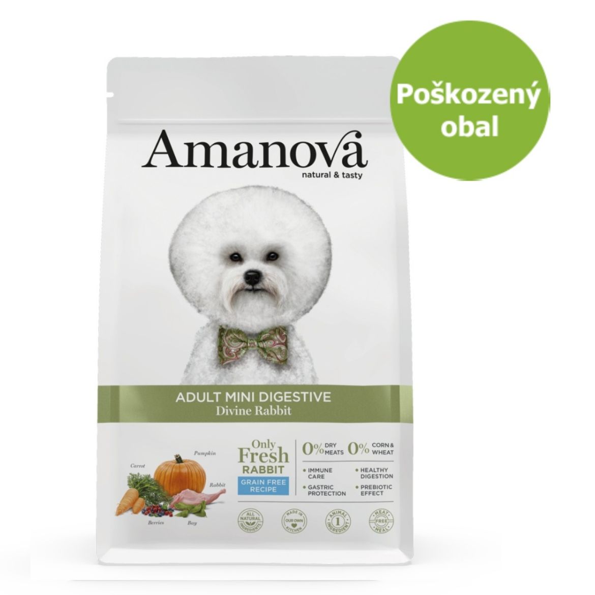 superprémiové krmivo pro dospělé psy malých plemen s citlivým trávením, Amanova dog digestive divine rabbit, s králíkem a dýní, rabbit and pumpkin, hypoalergenní, bezlepkové, 100 % přírodní