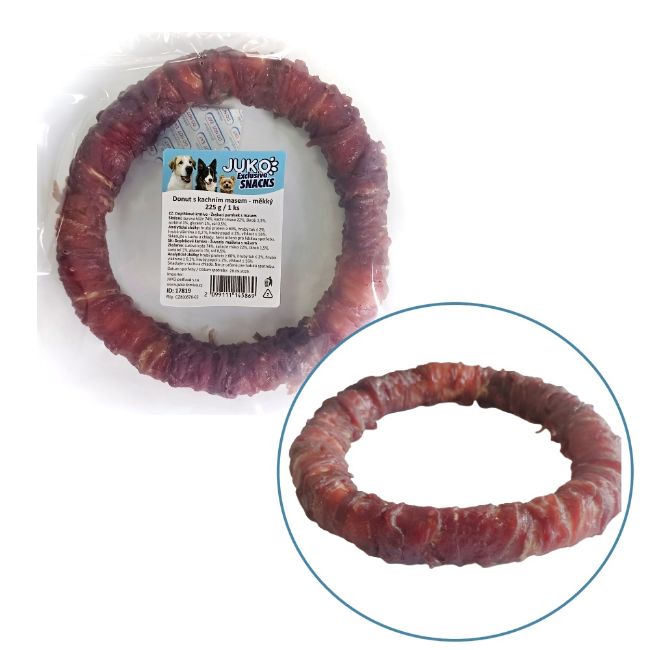 pamlsek pro psy, donut s kachním masem, měkký, žvýkací pamlsek, buvolí kůže