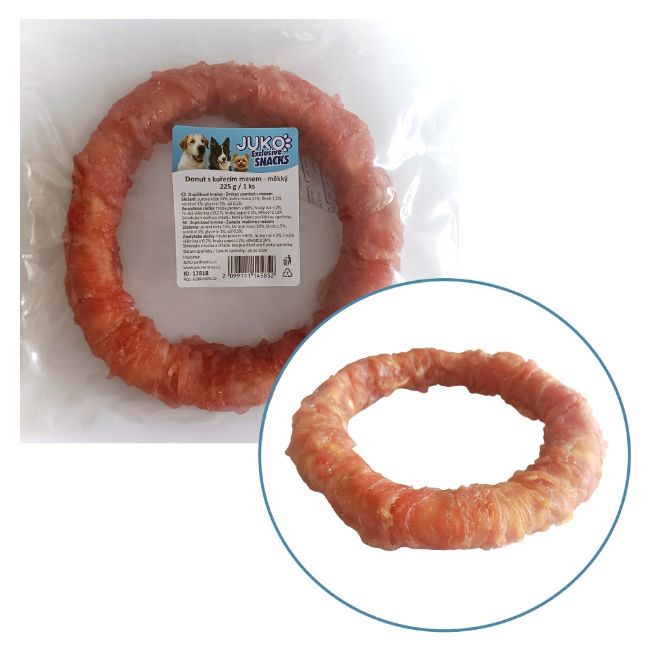 pamlsek pro psy, donut s kuřecím masem, měkký, žvýkací pamlsek, buvolí kůže
