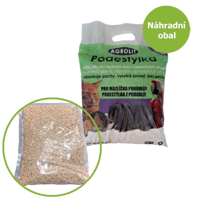 dřevěná podestýlka středně hrubě granulovaná bez chemických přísad a pojidel z pilin z měkkého dřeva 9l, absorbuje pachy, vysoká savost,