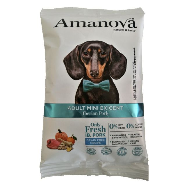 superprémiové krmivo pro dospělé vybíravé a mlsné psy malých plemen, Amanova dog exigent mini, s iberským vepřovým a dýní, iberian pork and pumpkin, hypoalergenní, bezlepkové, 100 % přírodní
