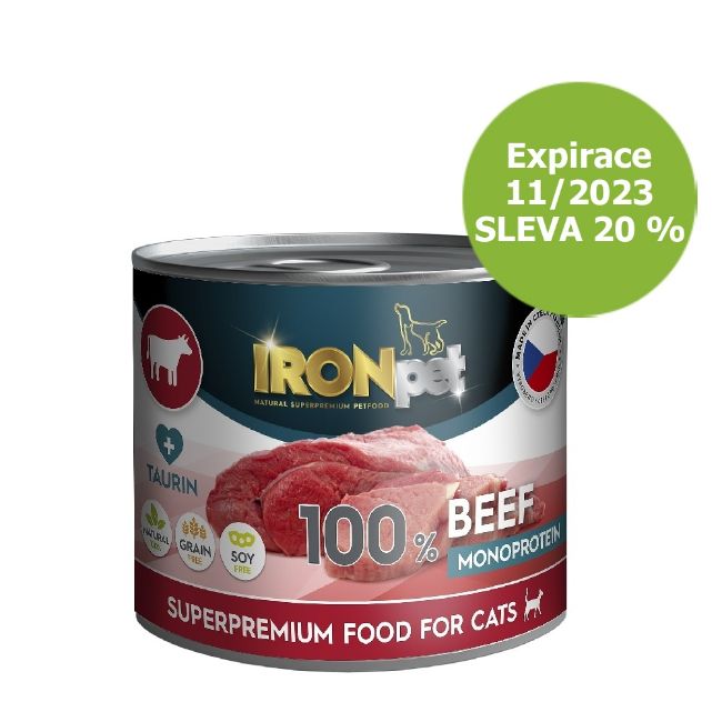 IRONpet Cat beef, hovězí ,  Monoprotein , konzerva 200g, hrubomleté, bez obilovin, bez lepku, bez kuřecího, přírodní, superprémiové