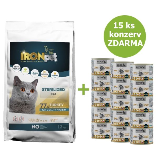 Obrázek IRONpet Cat Sterilized Turkey (Krůta) 12 kg + 15 konzerv ZDARMA