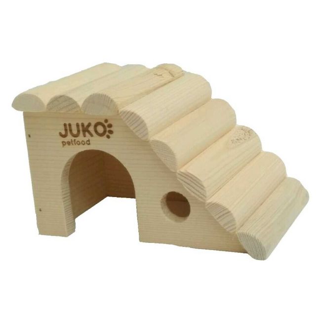 Dřevěný domek s šikmým bokem umožňujícím vstup na rovnou střechu vhodný pro morče. 