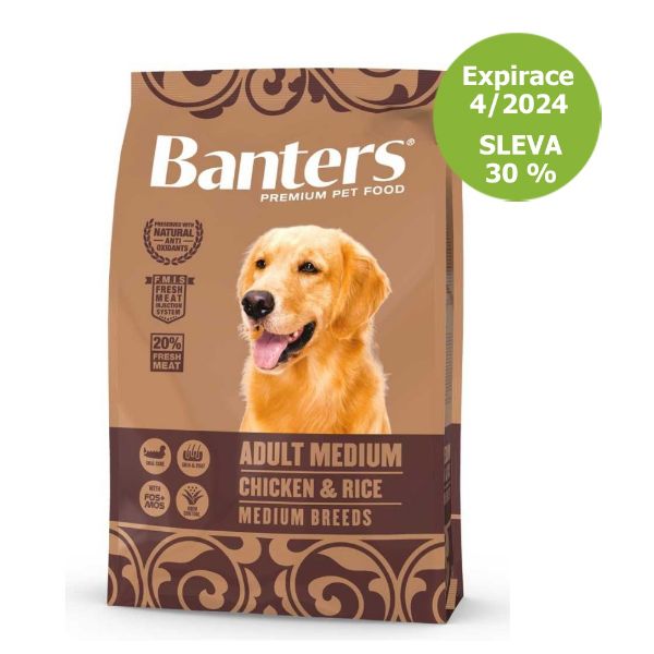 Banters, krmivo pro psa, granule pro dospělého psa, střední plemeno, kuře a rýže, s čerstvým masem, 3kg, chicken and rice, medium adult