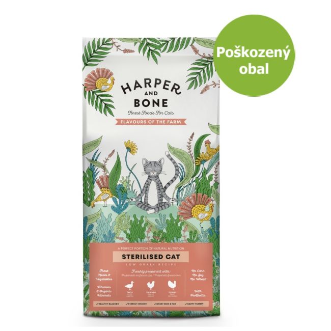 Harper and Bone Cat Sterilised příchutě farmy 2 kg, superprémiové krmivo pro dospělé kastrované kočky s kachnou kuřetem a krůtou