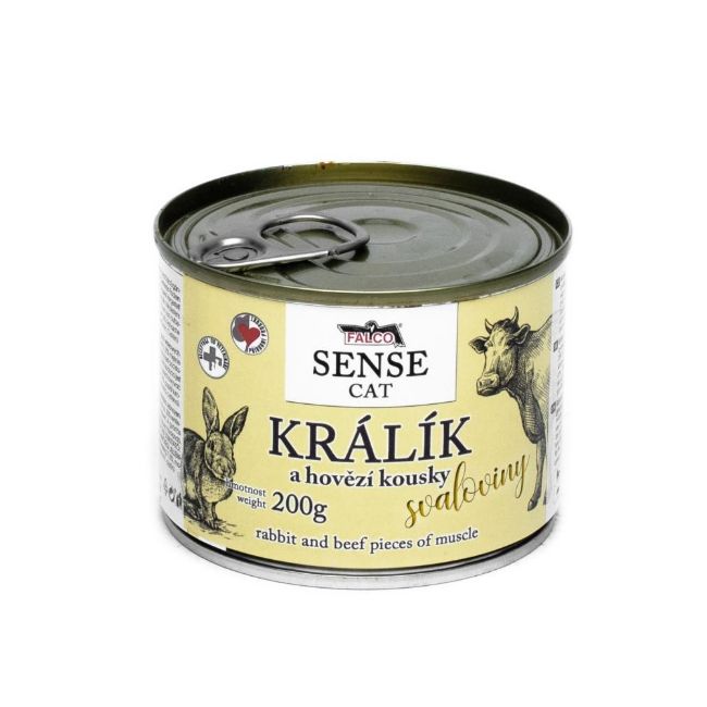 masová konzerva pro kočky FALCO SENSE Cat králík a hovězí kousky svaloviny