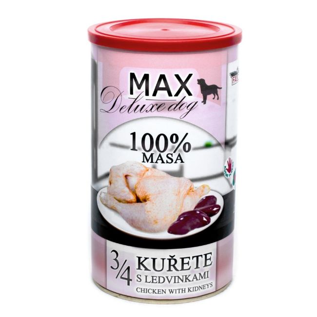 MAX Deluxe Dog masová konzerva pro psy 3/4 kuřete s ledvinkami, plastové víčko na uzavření