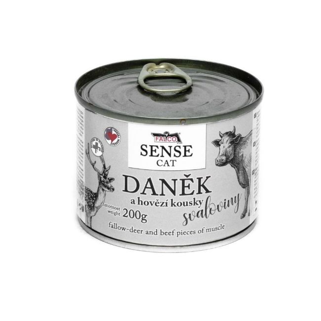 masová konzerva pro kočky FALCO SENSE Cat daněk a hovězí kousky svaloviny