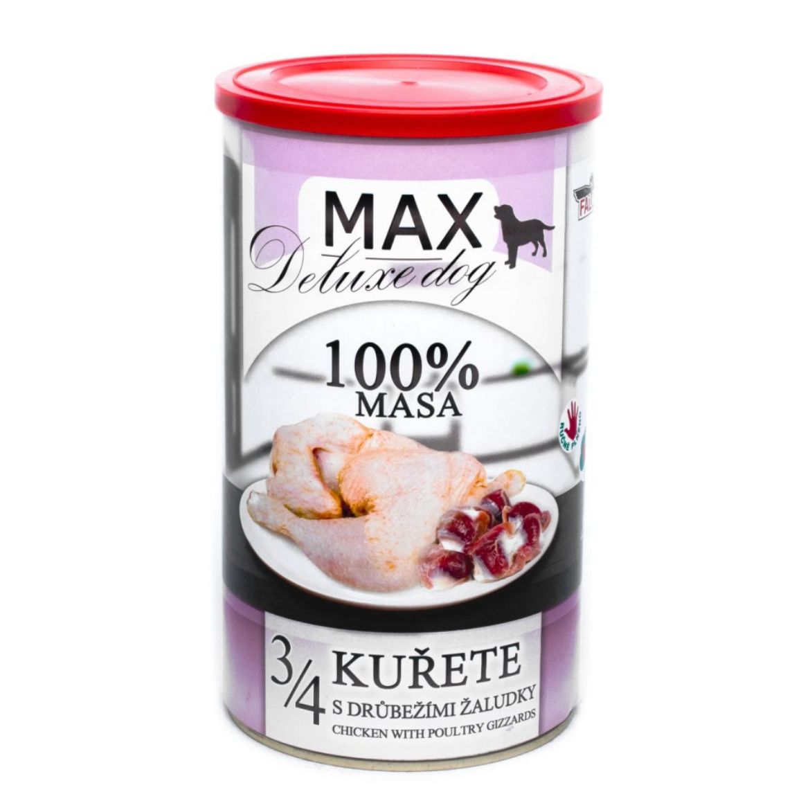 Obrázek z MAX Deluxe Dog 3/4 kuřete s drůbežími žaludky, konzerva 1200 g 