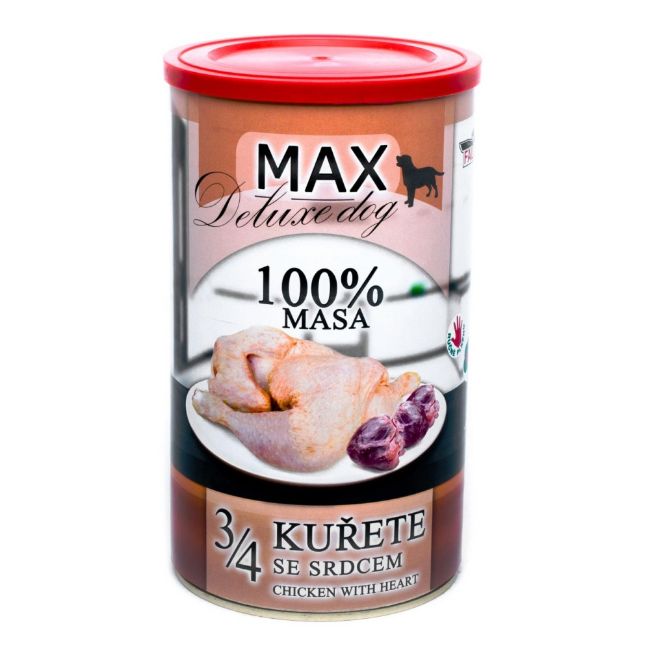 MAX Deluxe Dog masová konzerva pro psy 3/4 kuřete se srdcem, plastové víčko na uzavření