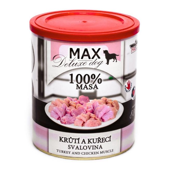 MAX Deluxe Dog masová konzerva pro psy krůtí a kuřecí svalovina, plastové víčko na uzavření