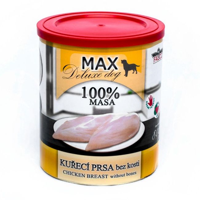 MAX Deluxe Dog masová konzerva pro psy kuřecí prsa bez kosti, plastové víčko na uzavření