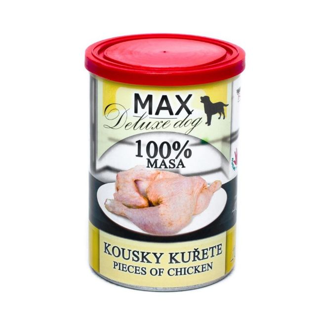 MAX Deluxe Dog masová konzerva pro psy kousky kuřete, plastové víčko na uzavření