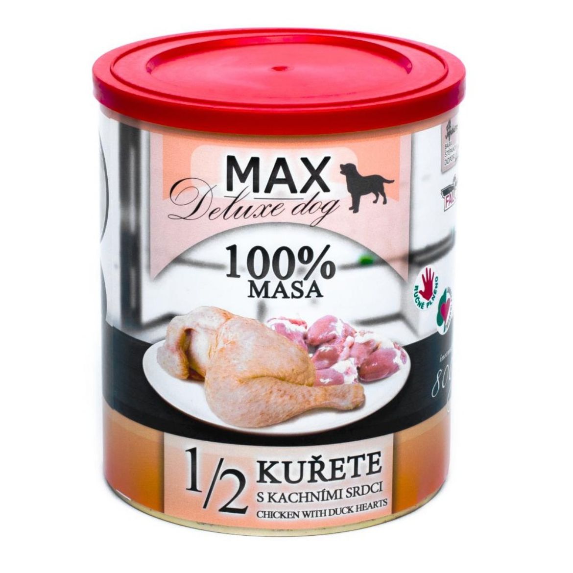 Obrázek z MAX Deluxe Dog 1/2 kuřete s kachními srdci, konzerva 800 g 