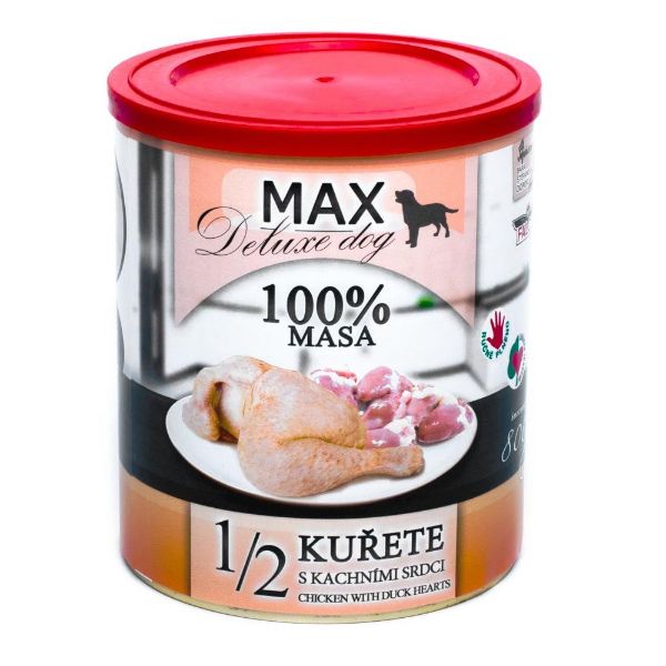 Obrázek MAX Deluxe Dog 1/2 kuřete s kachními srdci, konzerva 800 g