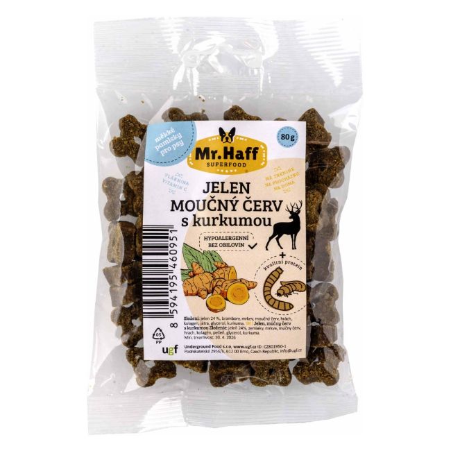 jelen moučný červ s kurkumou. Poloměkké pamlsky s hmyzím proteinem, bez obilovin, hypoalergenní