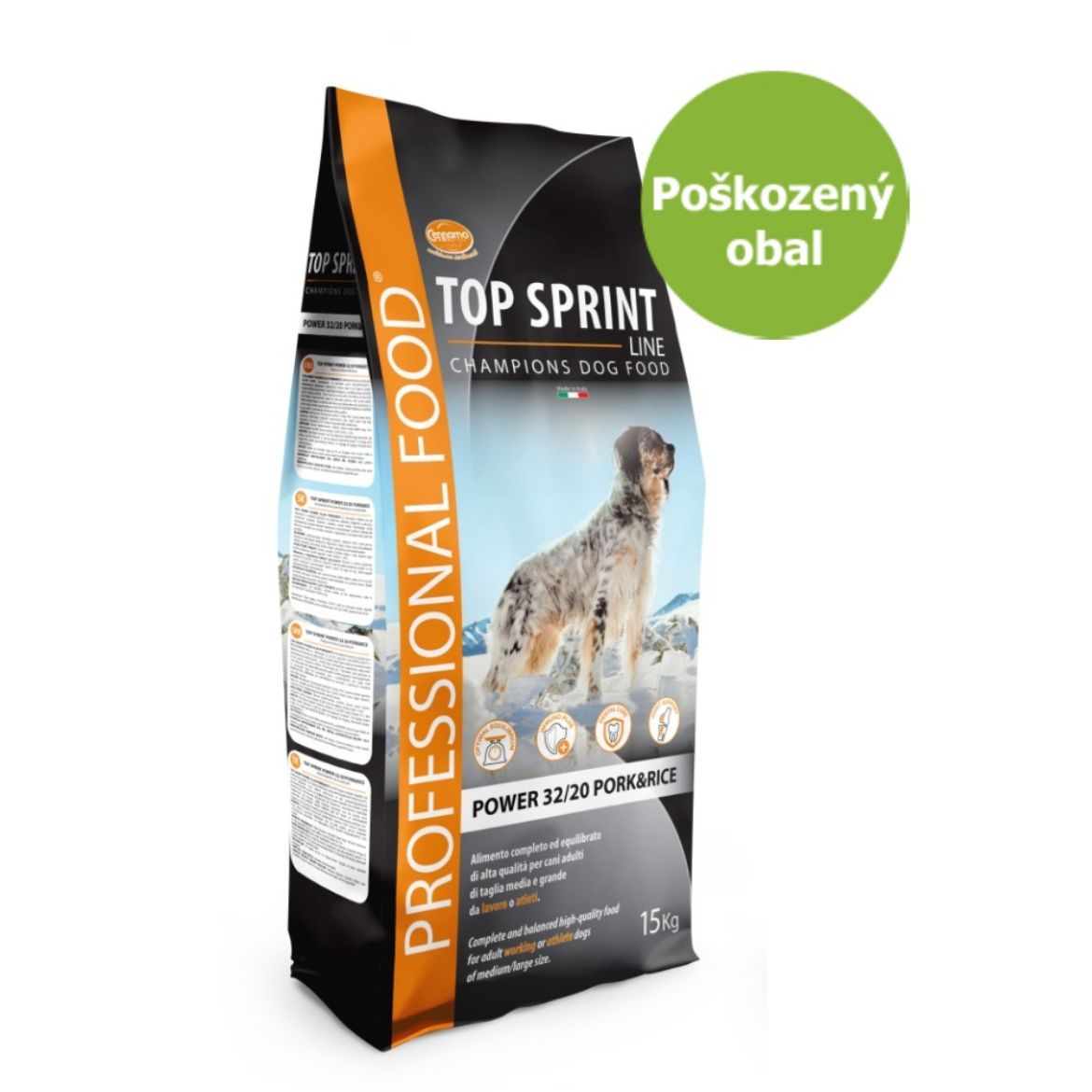Top Sprint power pork & rice, kompletní krmivo pro pracovní a sportovní psy v údržbě, s vepřovým a rýží