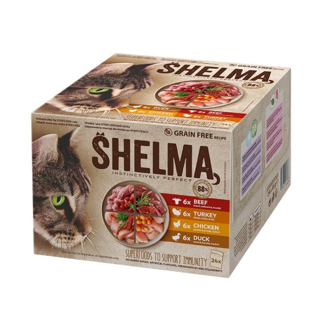 Shelma NM Cat maso v omáčce, kapsa 85 g balení 24 kusů s hovězím, krůtou, kuřecím a kachním