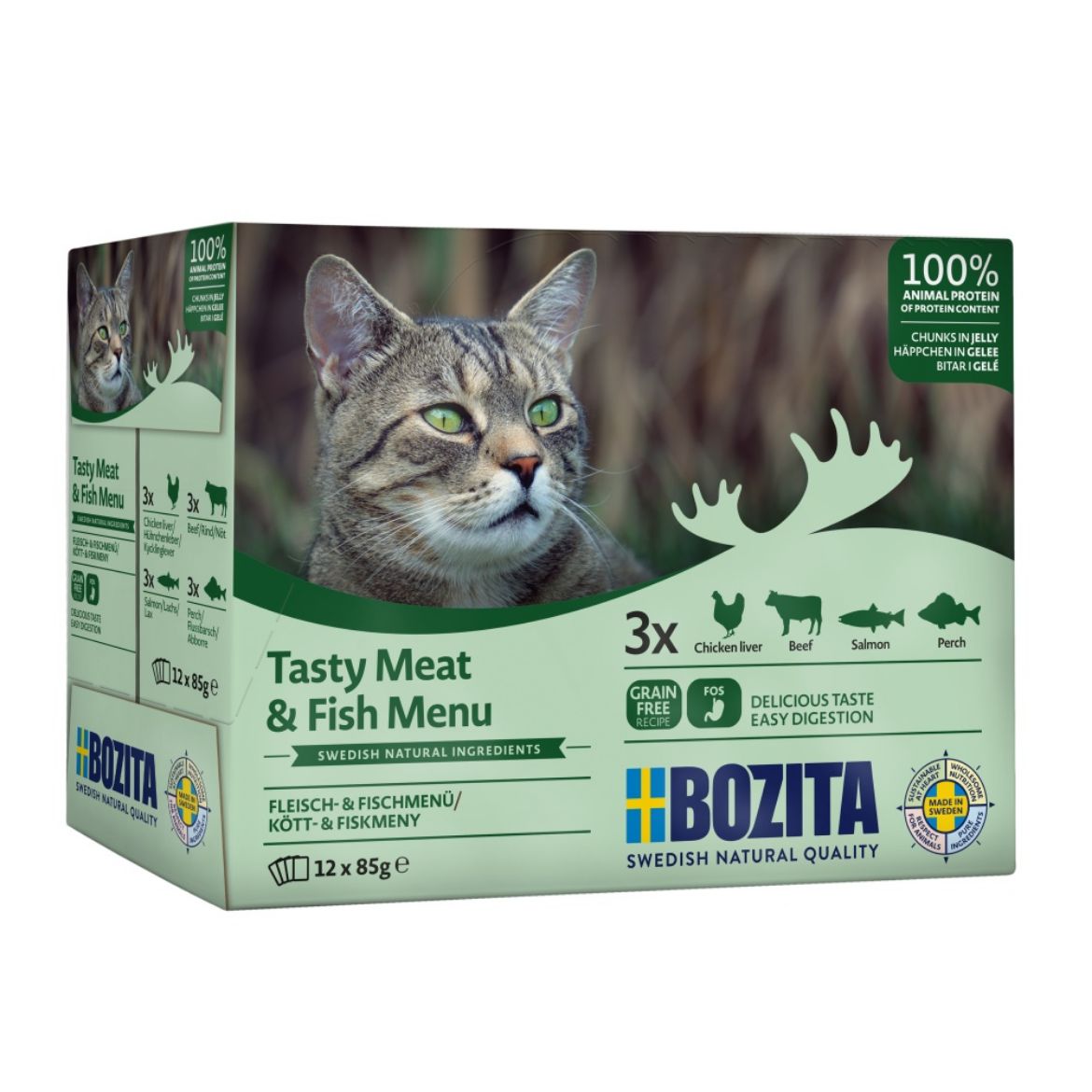 Obrázek z Bozita Cat kousky masa a ryb v želé, kapsička 85 g (12 pack) 