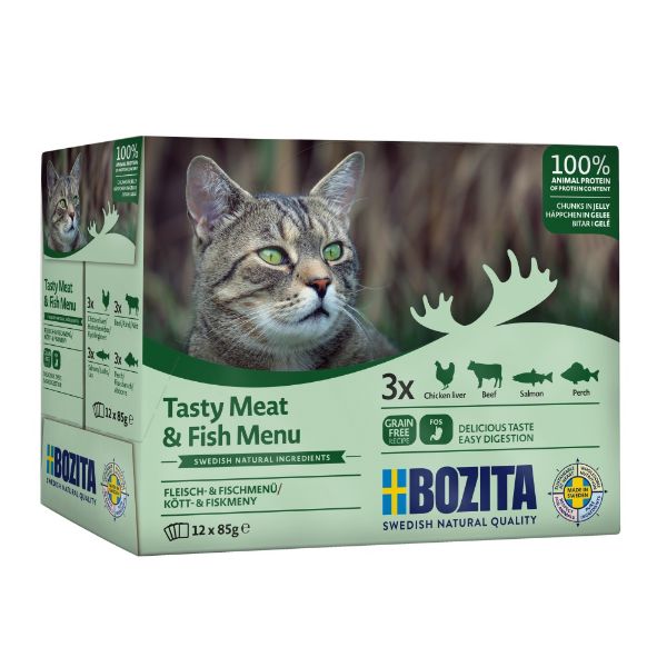 Obrázek Bozita Cat kousky masa a ryb v želé, kapsička 85 g (12 pack)