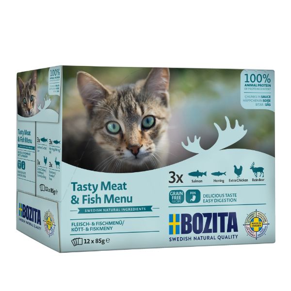 Obrázek Bozita Cat kousky masa a ryb v omáčce, kapsička 85 g (12 pack)