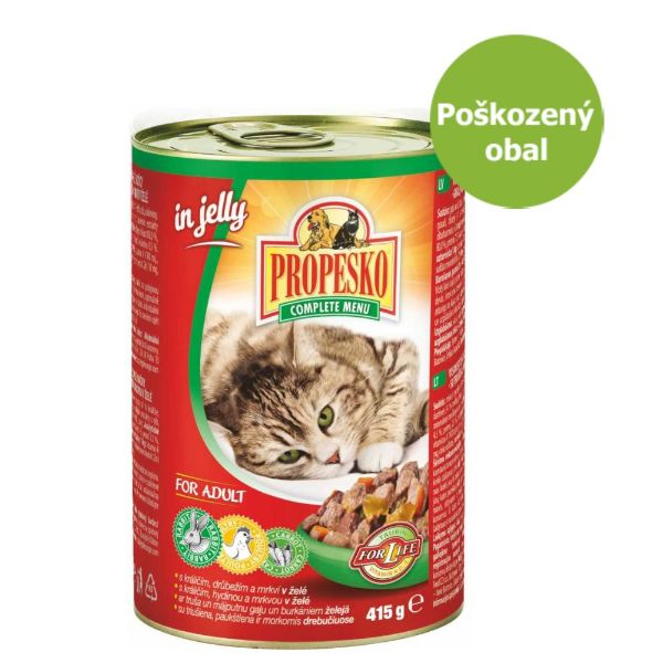 PROPESKO konzerva pro kočky, kompletní mokré krmivo pro dospělé kočky s králíkem, drůbežím a mrkví v želé