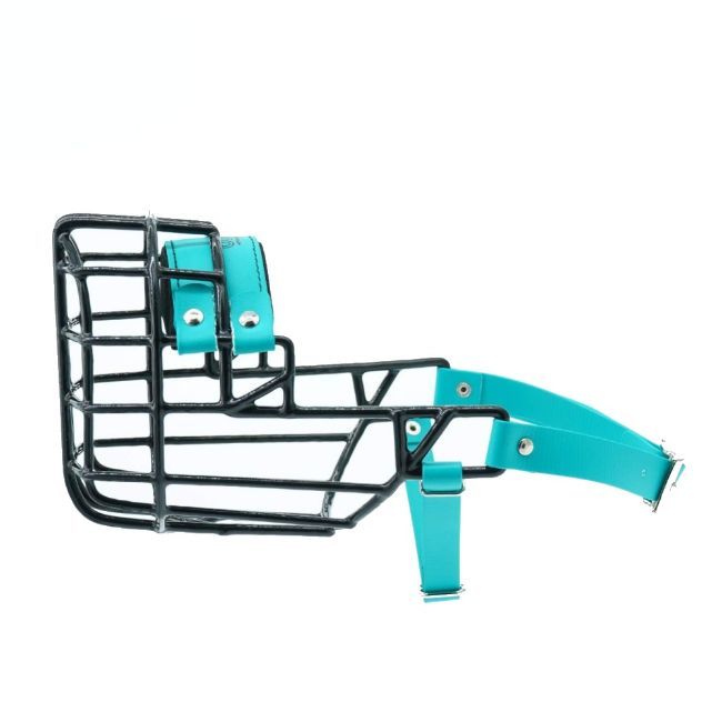 Náhubek čeerný/Biothane pitbulteriér, stagford fena s páskem pod krkem proti sundání náhubku z hlavy