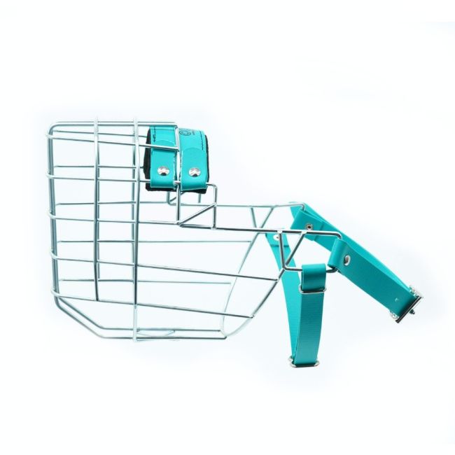 Náhubek zinek/Biothane německý ovčák, malamut, čuvač fena s páskem pod krkem proti sundání náhubku z hlavy