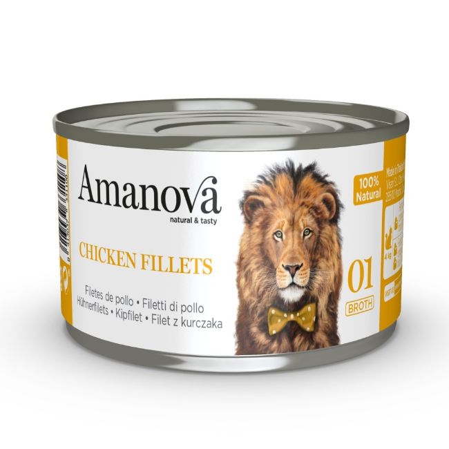 Amanova cat chicken fillets broth, kuřecí filetky ve vývaru, doplňkové krmivo pro kočky, superprémiové, bezlepkové
