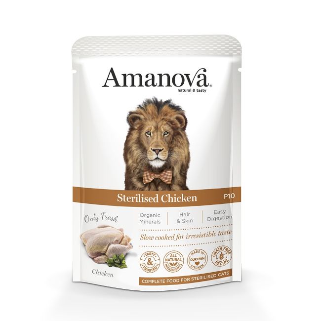 Amanova cat sterilized chicken, kuřecí, kompletní mokré krmivo pro kastrované kočky, superprémiové, bezlepkové