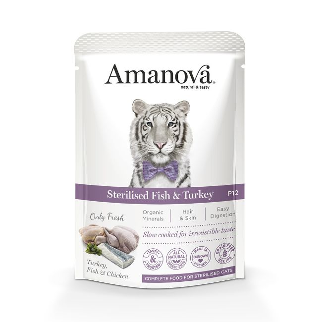 Amanova cat sterilized fish & turkey, ryba s krůtou, kompletní mokré krmivo pro kastrované kočky, superprémiové, bezlepkové